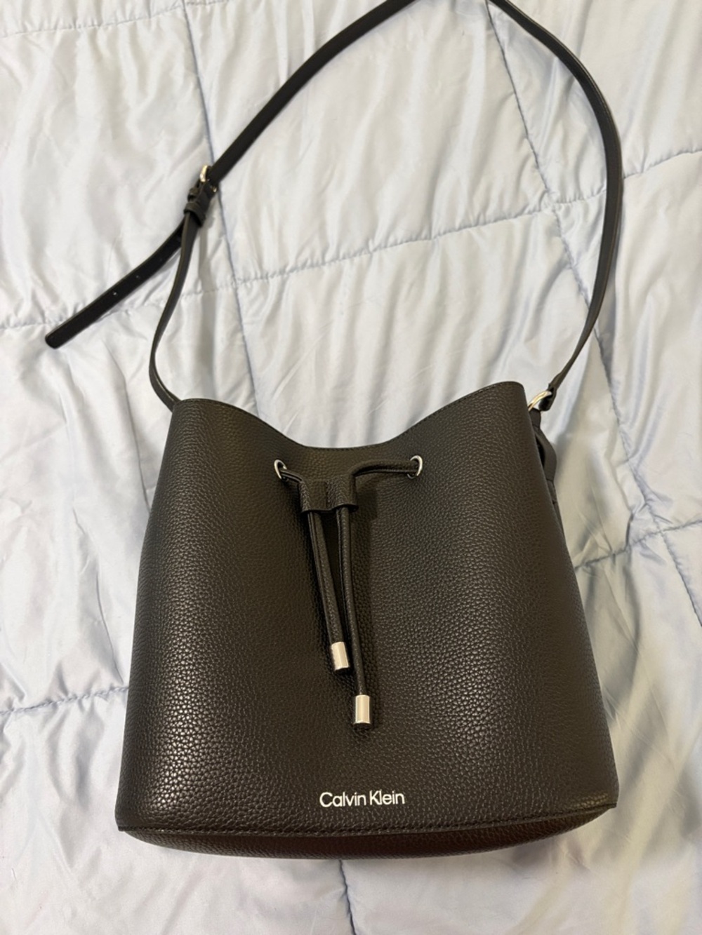 Calvin Klein Black Pebble Leather Drawstring Shoulder Bucket Bag